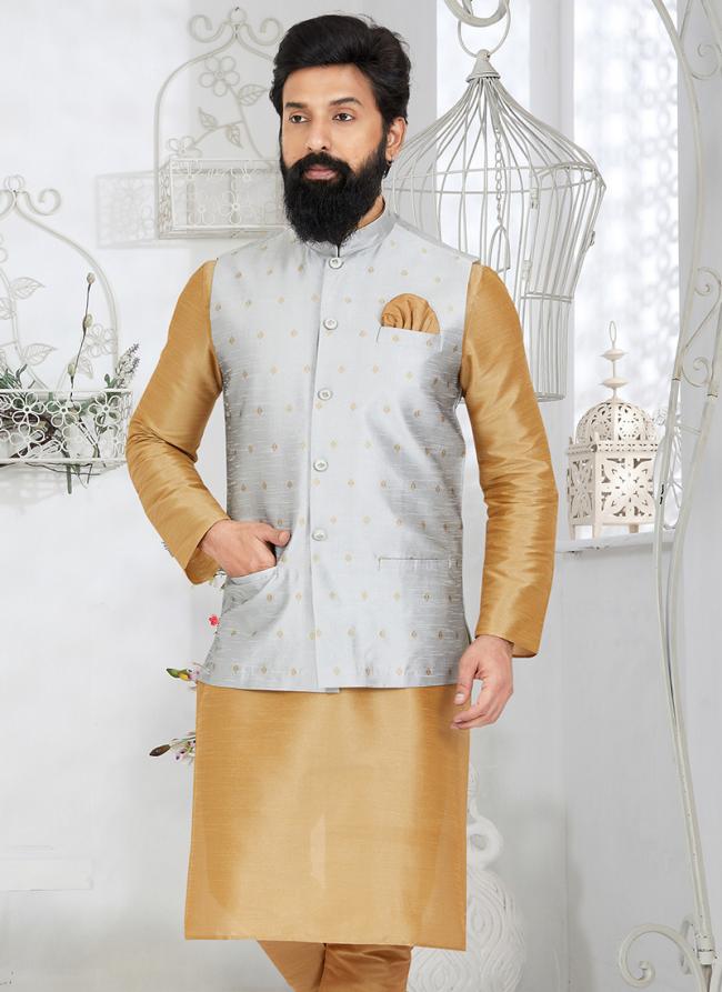 Banarasi Dhupion Grey Wedding Wear Banarasi Work Modi Jacket Kurta Pajama